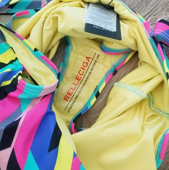 Relleciga One Piece Swimsuit Color Block Geometric Neon Stripe Bodysuit NWT - Picture 9 of 14